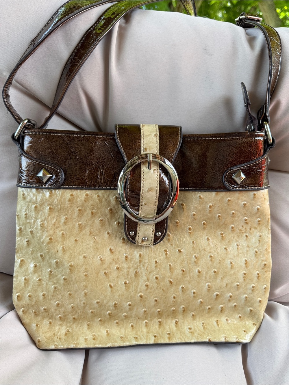 Cream and Brown Textured Shoulder Bag with Metal Ring Accent